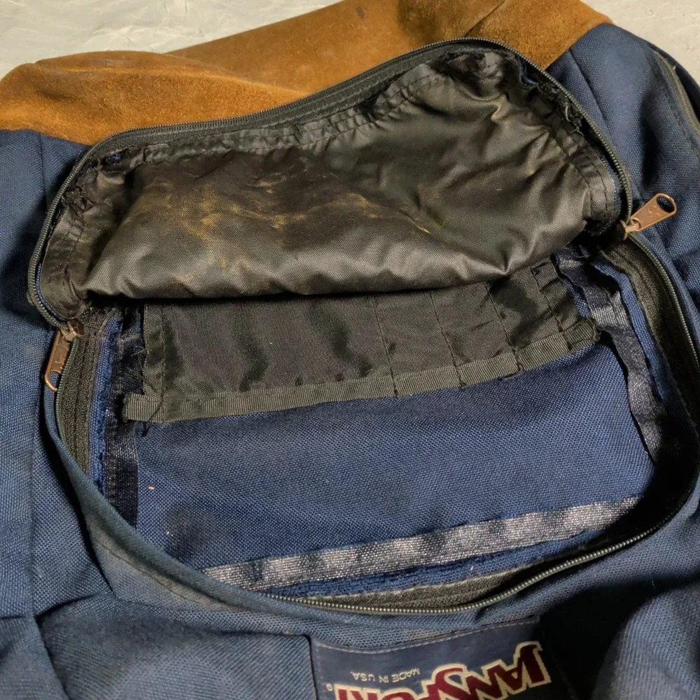 Vintage Jansport Backpack Suede Leather Bottom Retro 90's Book Bag Blue School